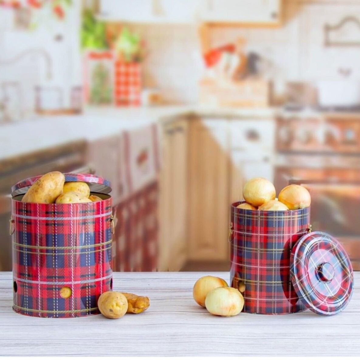 Metal Potato & Onion Storage Bin Set Ø225x240 mm (2 Pcs ) Plaid Plaid Design