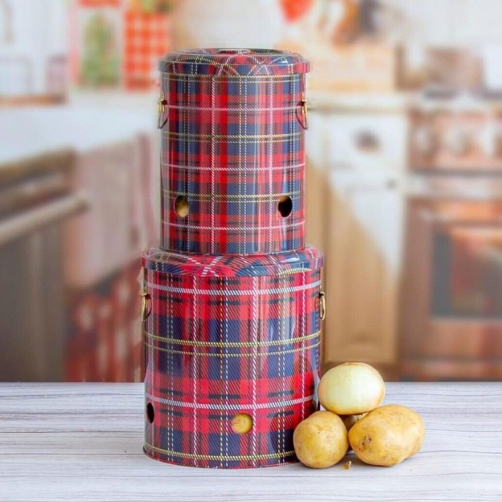 Metal Potato & Onion Storage Bin Set Ø225x240 mm (2 Pcs ) Plaid Plaid Design