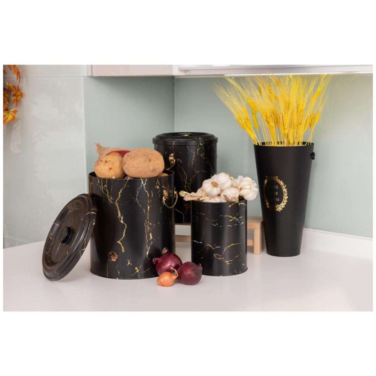 Triple Metal Bin Set for Potato Onion and Garlic (3 Pcs) Marble Black Marble Black Design