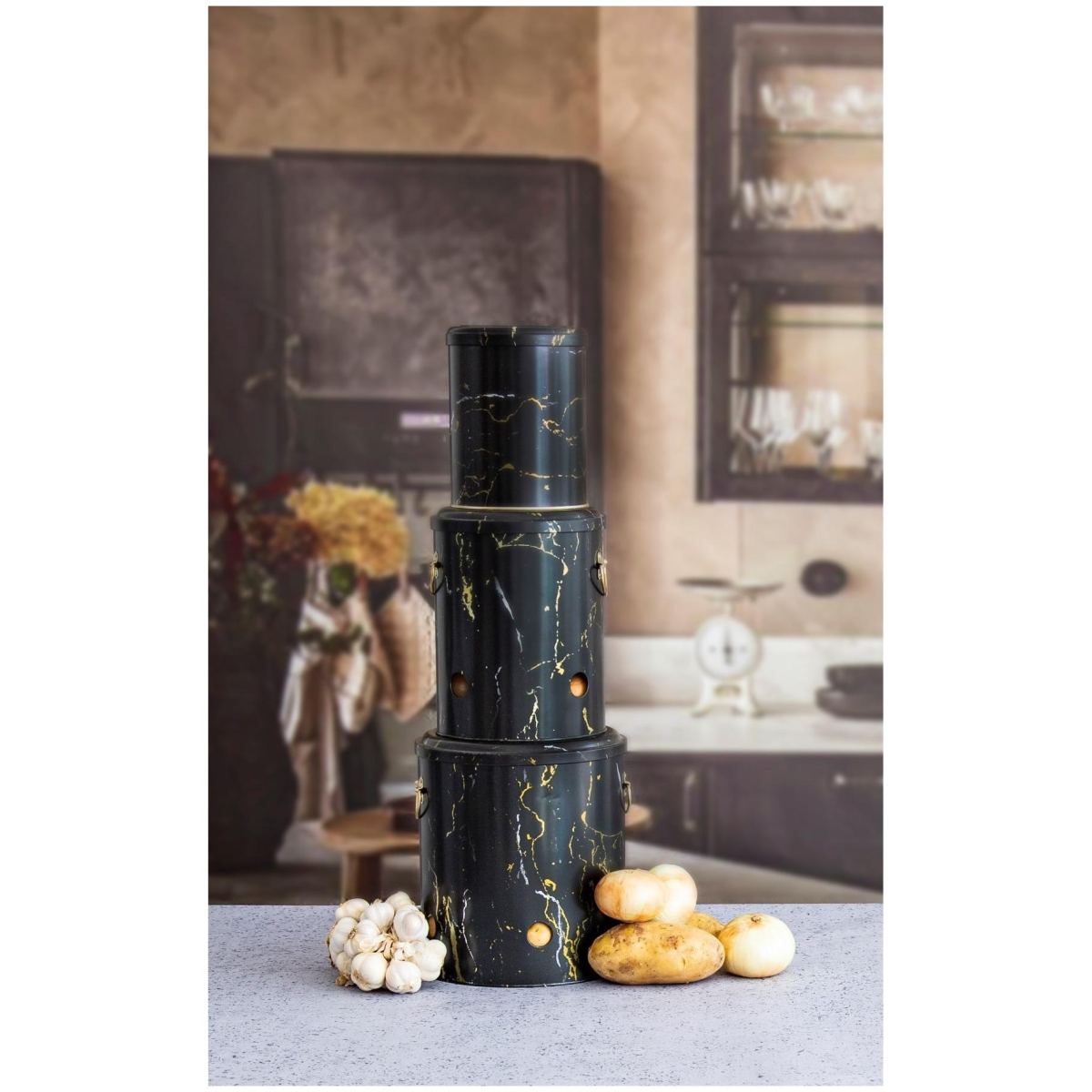 Triple Metal Bin Set for Potato Onion and Garlic (3 Pcs) Marble Black Marble Black Design