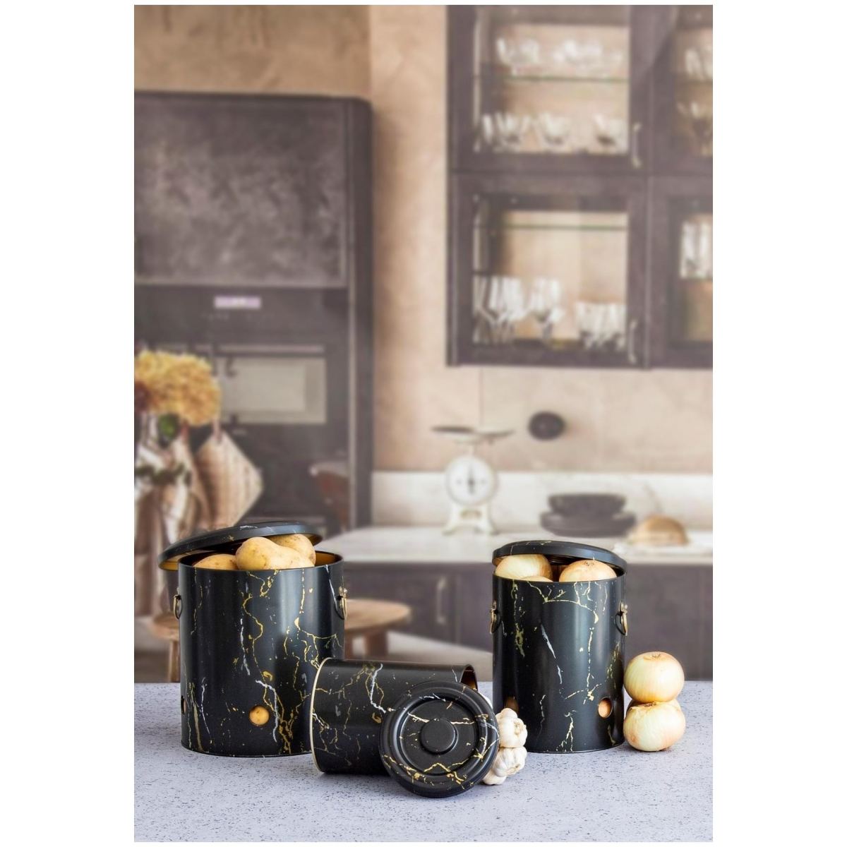 Triple Metal Bin Set for Potato Onion and Garlic (3 Pcs) Marble Black Marble Black Design