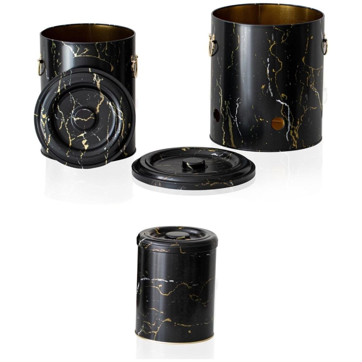 Triple Metal Bin Set for Potato Onion and Garlic (3 Pcs) Marble Black Marble Black Design