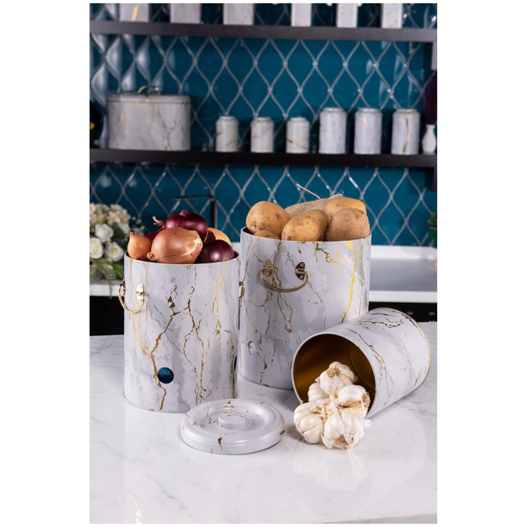 Triple Metal Bin Set for Potato Onion and Garlic (3 Pcs) Marble White Marble White Design