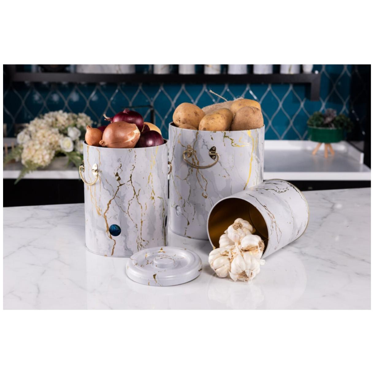 Triple Metal Bin Set for Potato Onion and Garlic  (3 Pcs)  Marble White Marble White Design