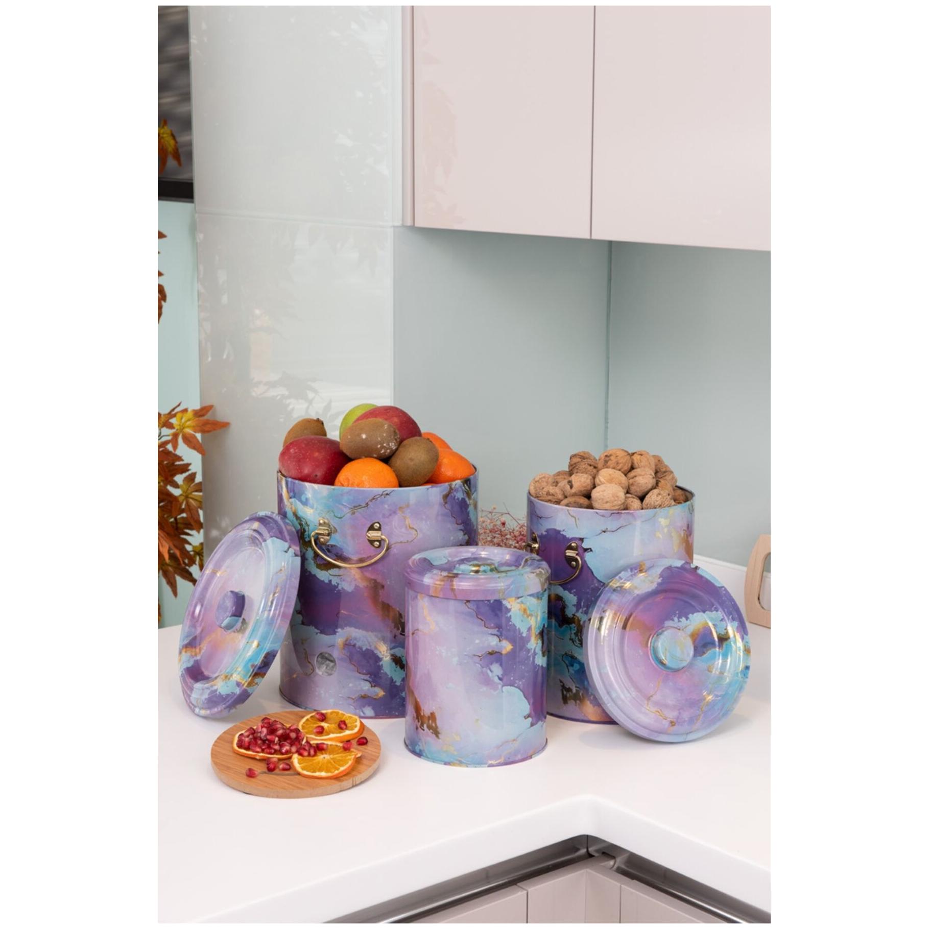 Triple Metal Bin Set for Potato Onion and Garlic (3 Pcs) Pink and Gold Marble Texture Liquid Purple Design