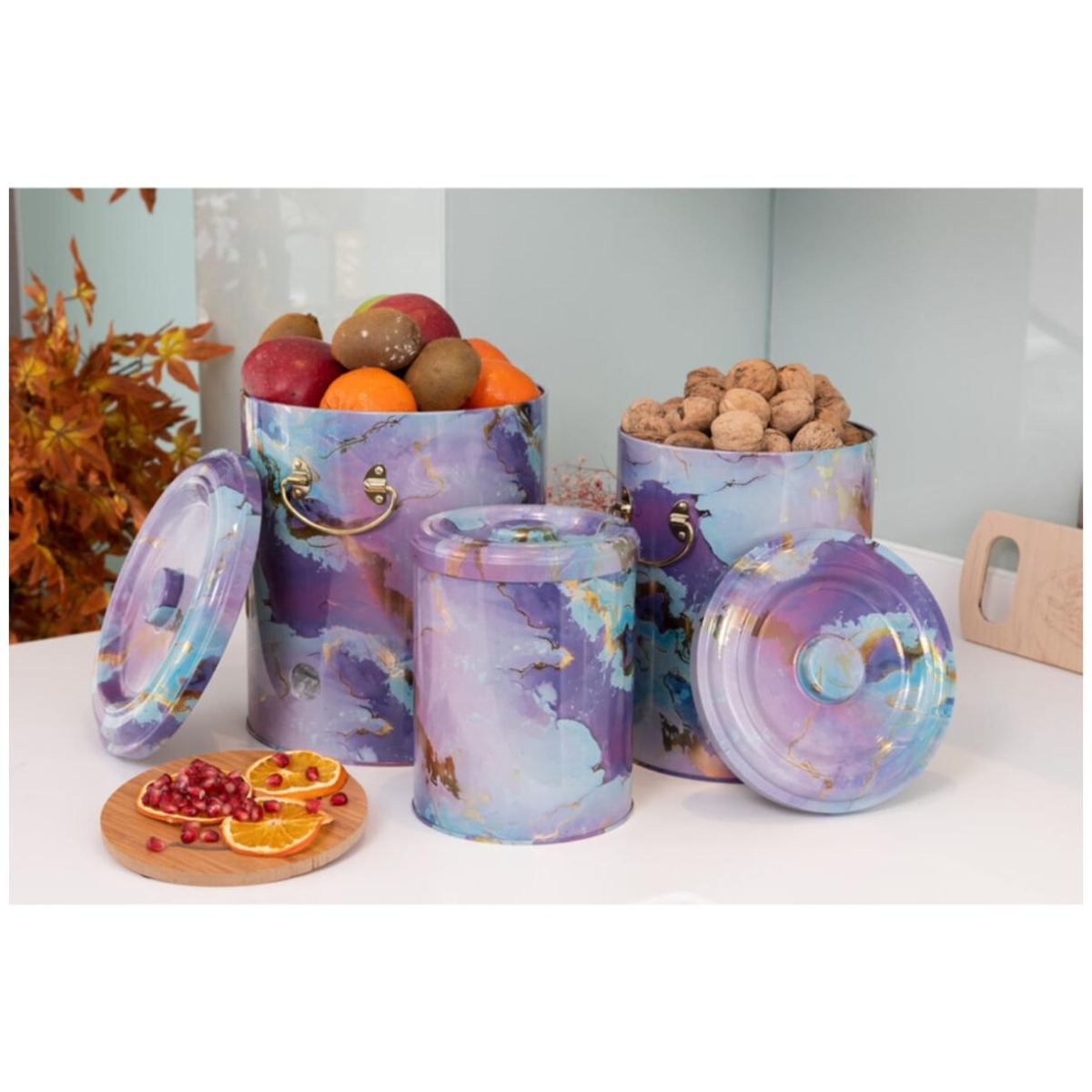Triple Metal Bin Set for Potato Onion and Garlic  (3 Pcs)  Pink and Gold Marble Texture Liquid Purple Design