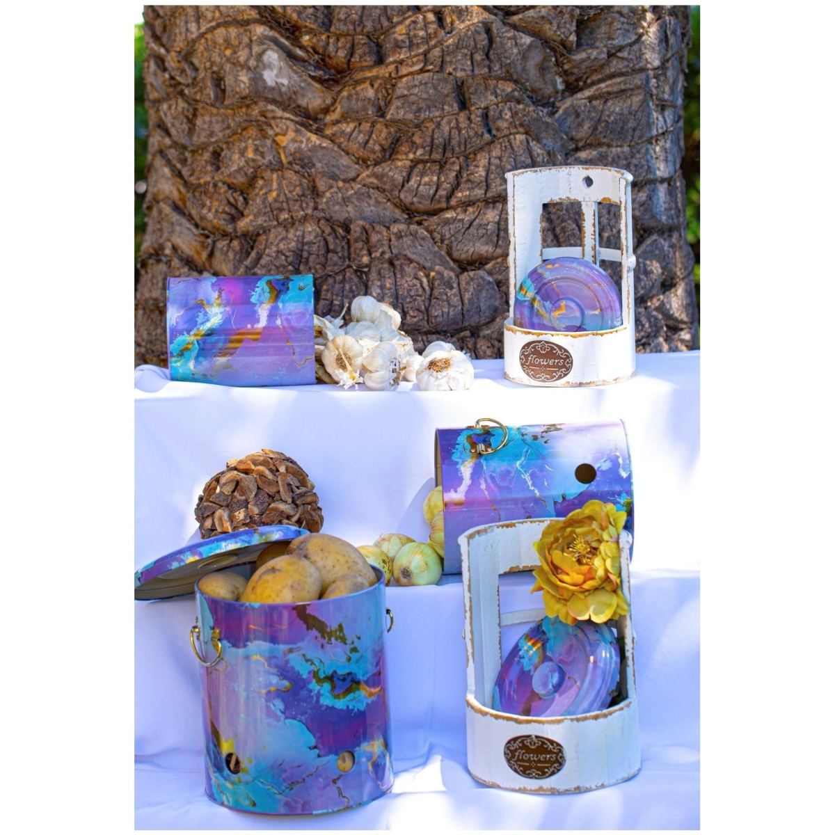 Triple Metal Bin Set for Potato Onion and Garlic  (3 Pcs)  Pink and Gold Marble Texture Liquid Purple Design