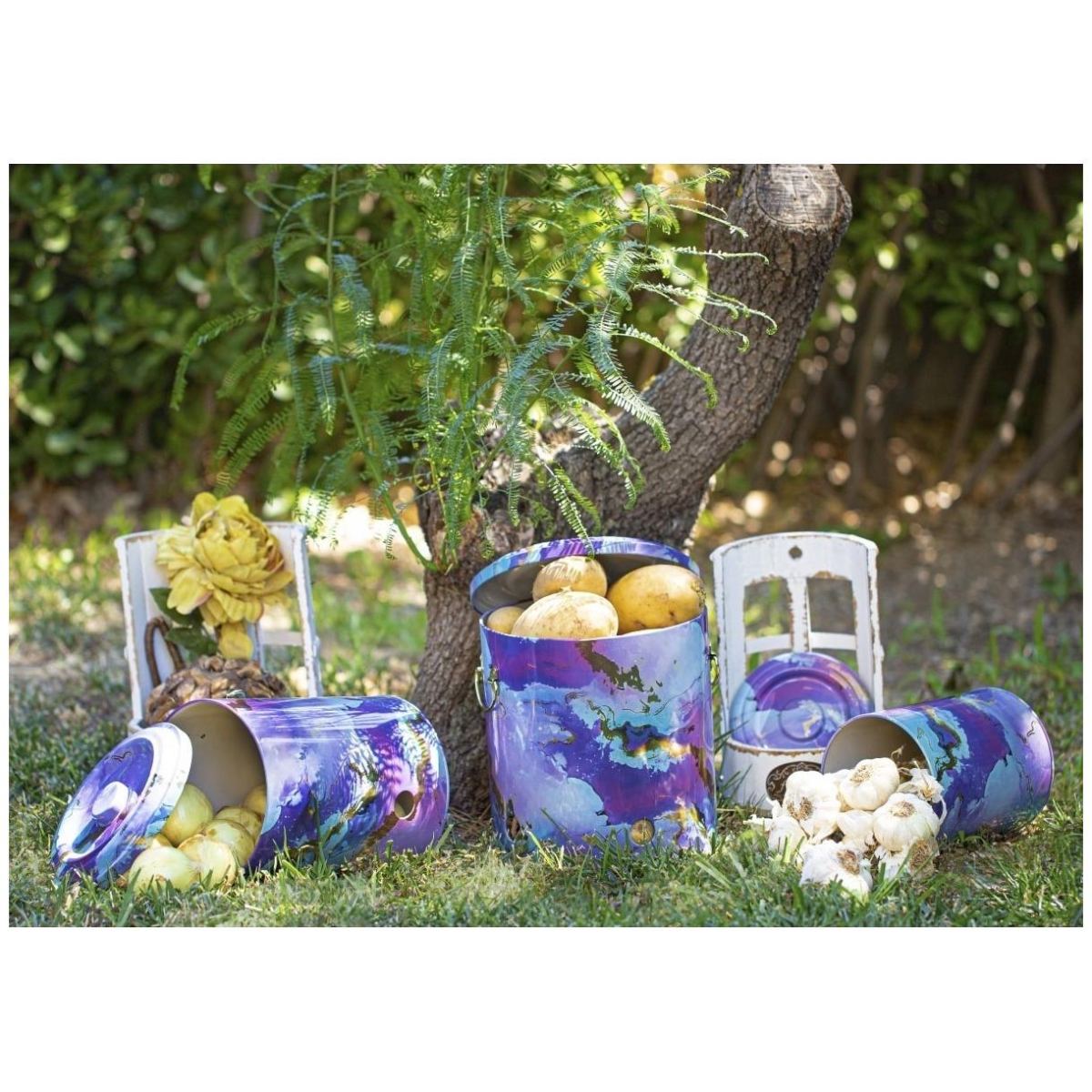 Triple Metal Bin Set for Potato Onion and Garlic  (3 Pcs)  Pink and Gold Marble Texture Liquid Purple Design