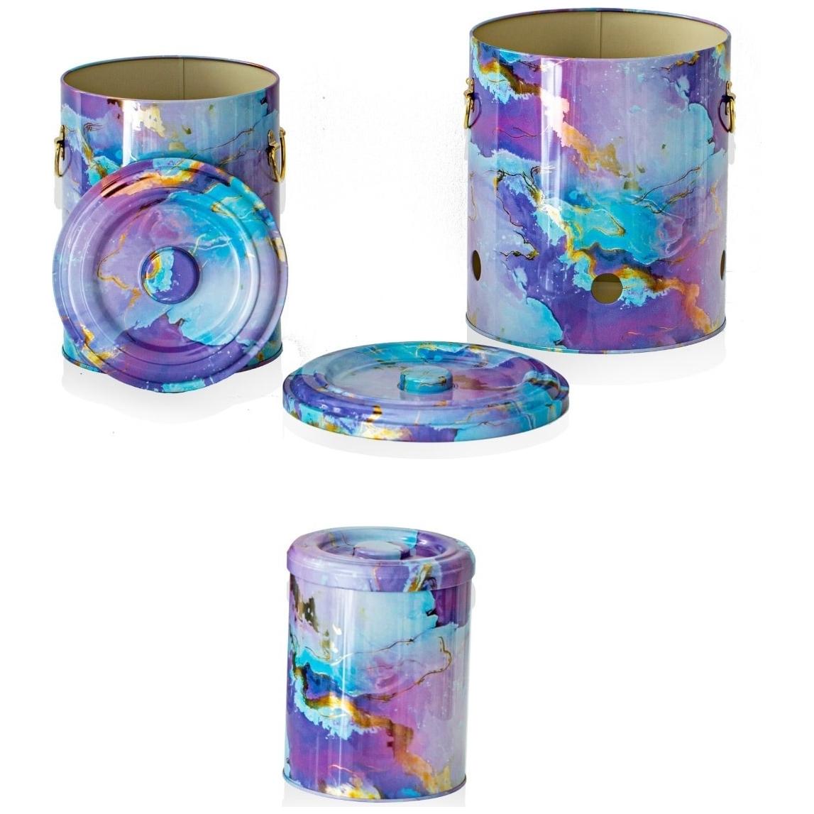 Triple Metal Bin Set for Potato Onion and Garlic  (3 Pcs)  Pink and Gold Marble Texture Liquid Purple Design