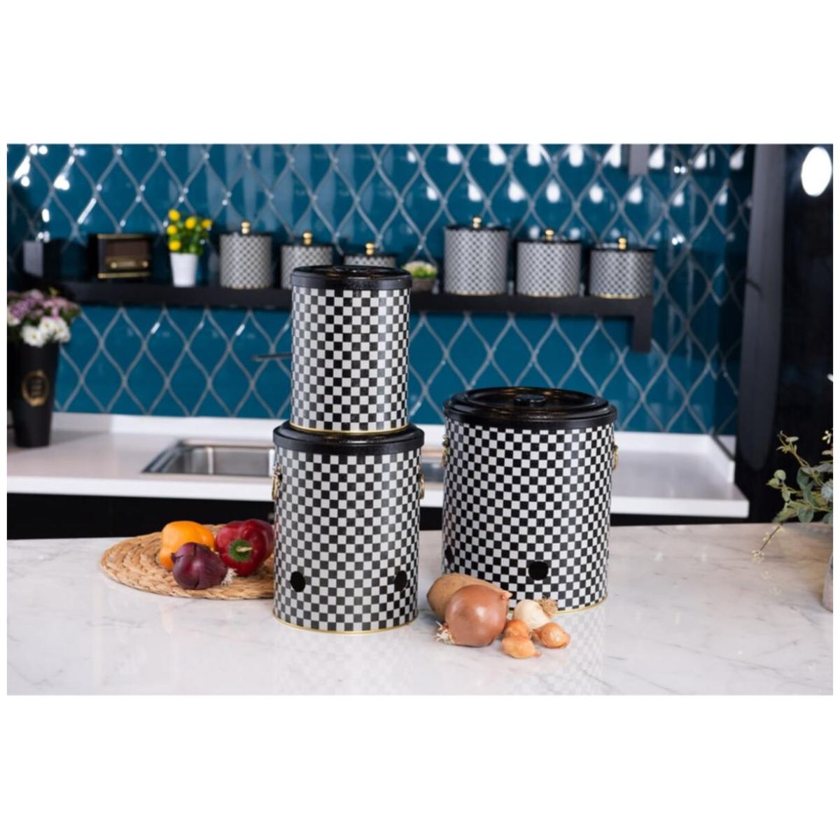 Triple Metal Bin Set for Potato Onion and Garlic (3 Pcs) Checkerboard Checkers Design