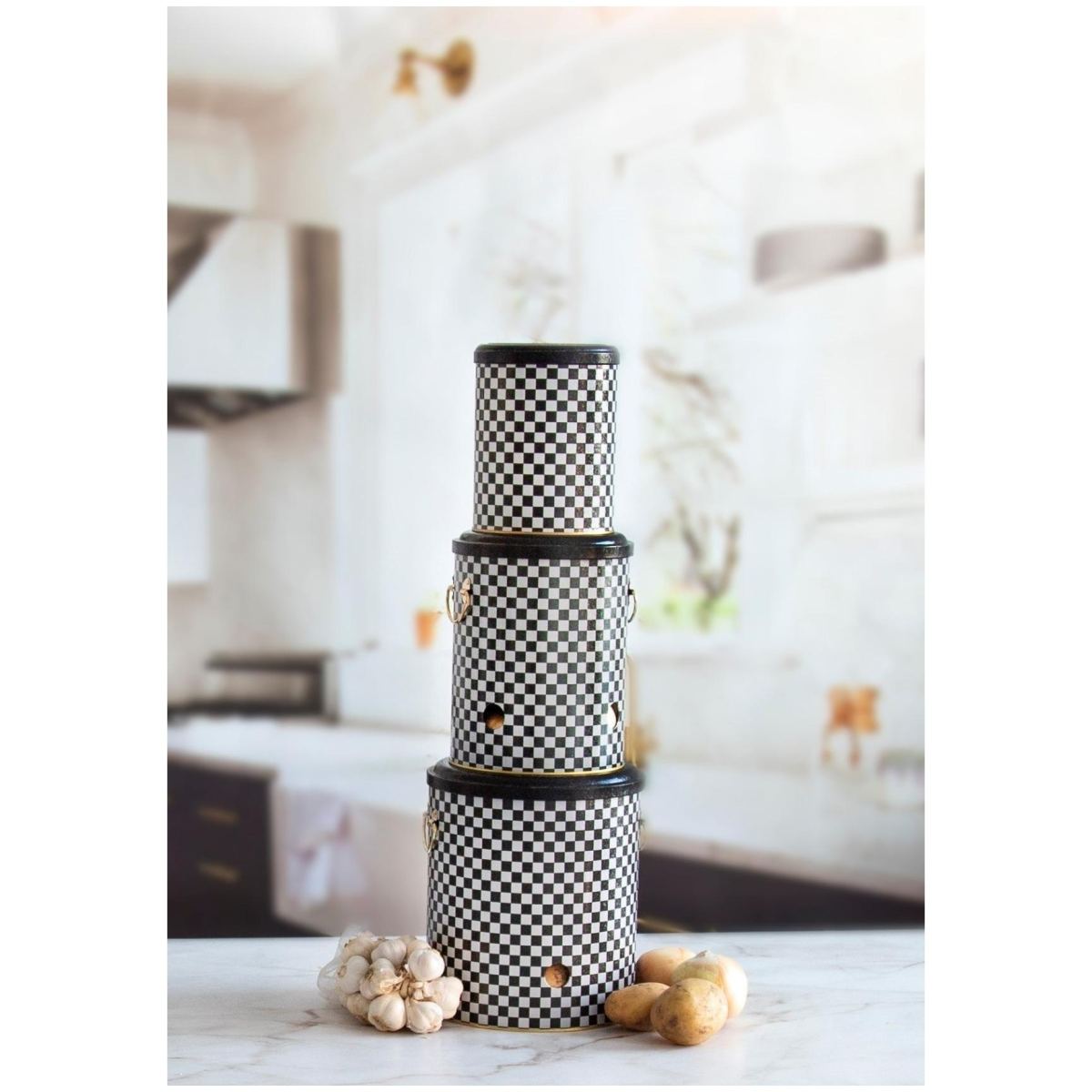 Triple Metal Bin Set for Potato Onion and Garlic (3 Pcs) Checkerboard Checkers Design