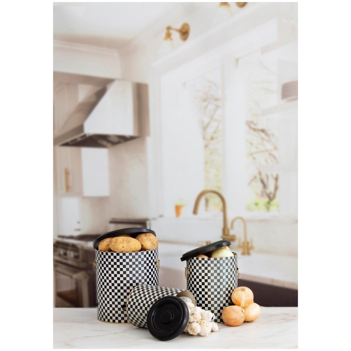 Triple Metal Bin Set for Potato Onion and Garlic (3 Pcs) Checkerboard Checkers Design