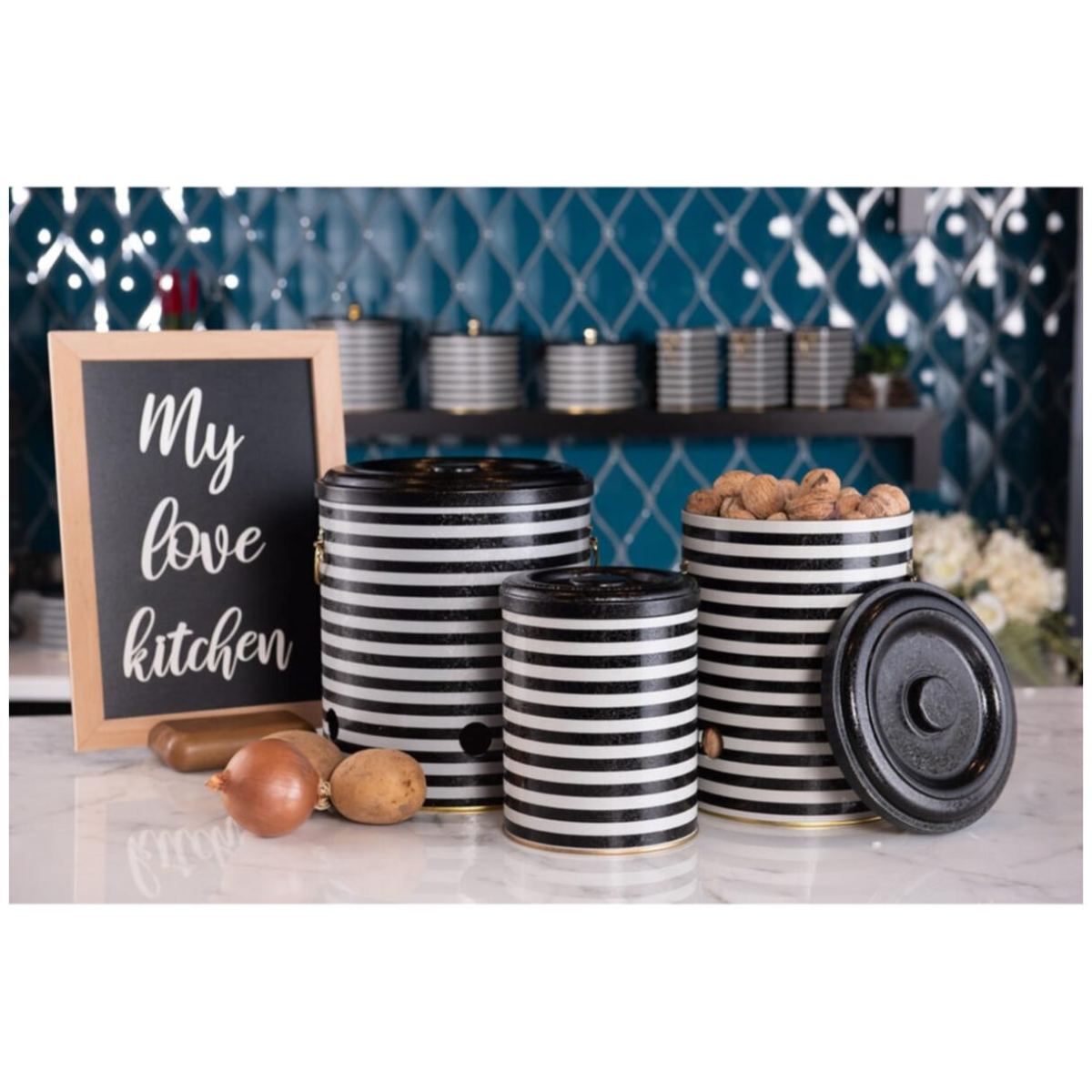 Triple Metal Bin Set for Potato Onion and Garlic  (3 Pcs)  Black and White Line Pattern Line Design