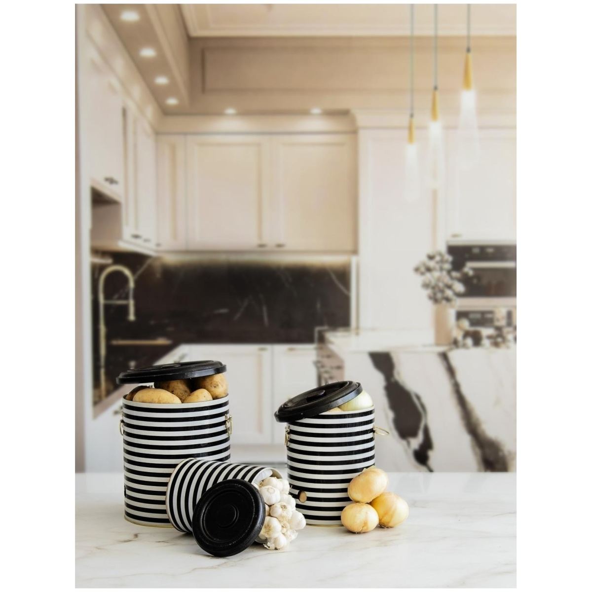 Triple Metal Bin Set for Potato Onion and Garlic  (3 Pcs)  Black and White Line Pattern Line Design