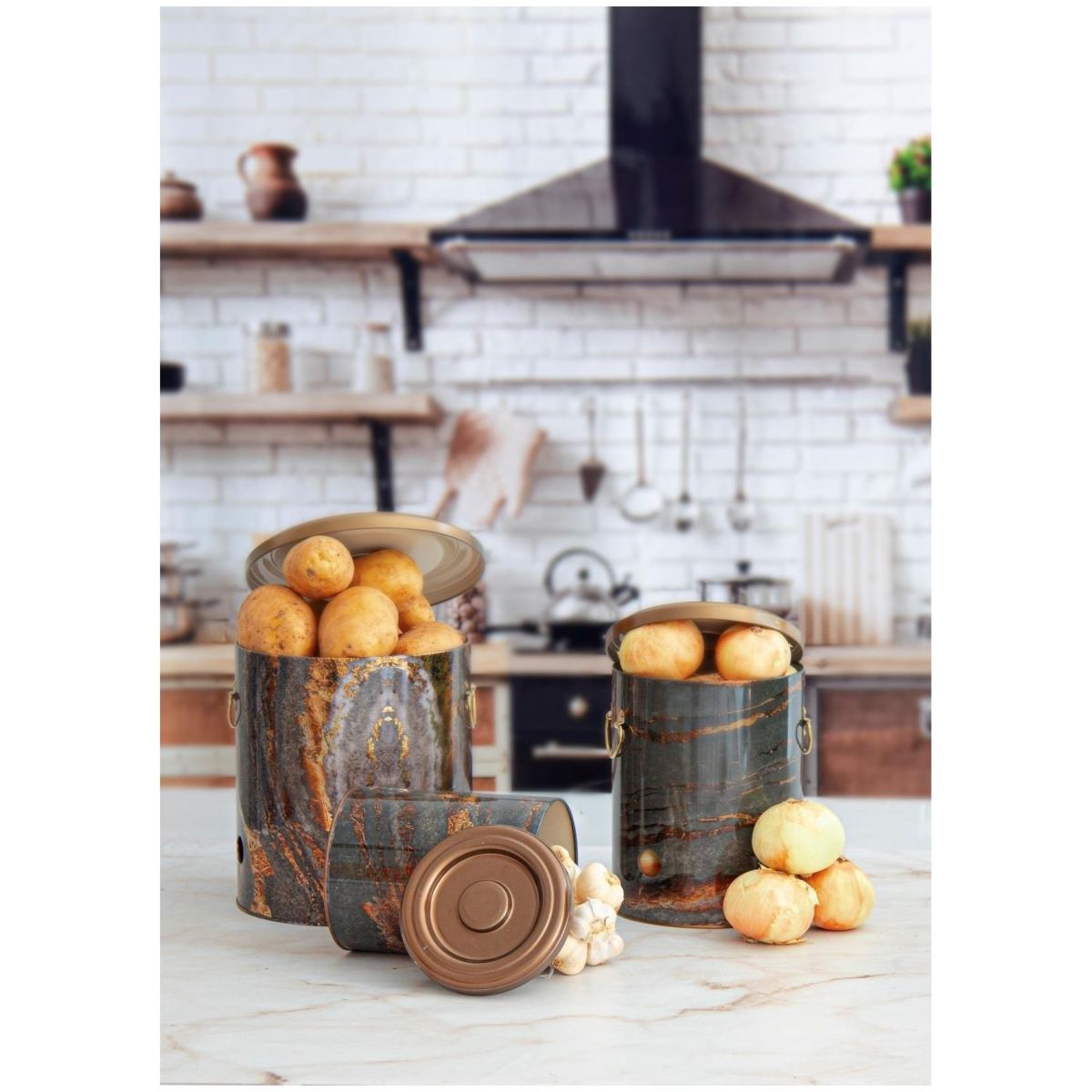 Triple Metal Bin Set for Potato Onion and Garlic  (3 Pcs)  Rock and Gold Rock and Gold Design
