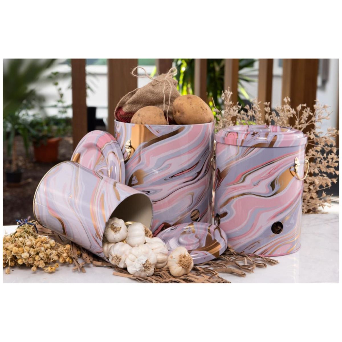 Triple Metal Bin Set for Potato Onion and Garlic (3 Pcs) Pink and Gold Marble Texture Liquid Pink Design
