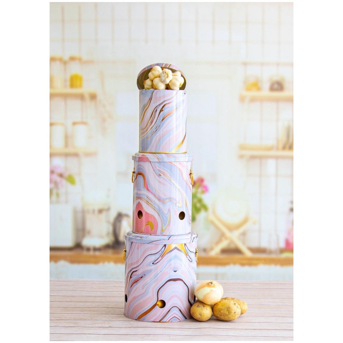 Triple Metal Bin Set for Potato Onion and Garlic (3 Pcs) Pink and Gold Marble Texture Liquid Pink Design