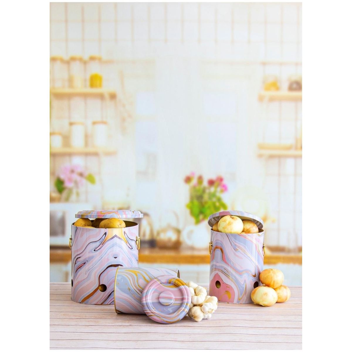 Triple Metal Bin Set for Potato Onion and Garlic (3 Pcs) Pink and Gold Marble Texture Liquid Pink Design
