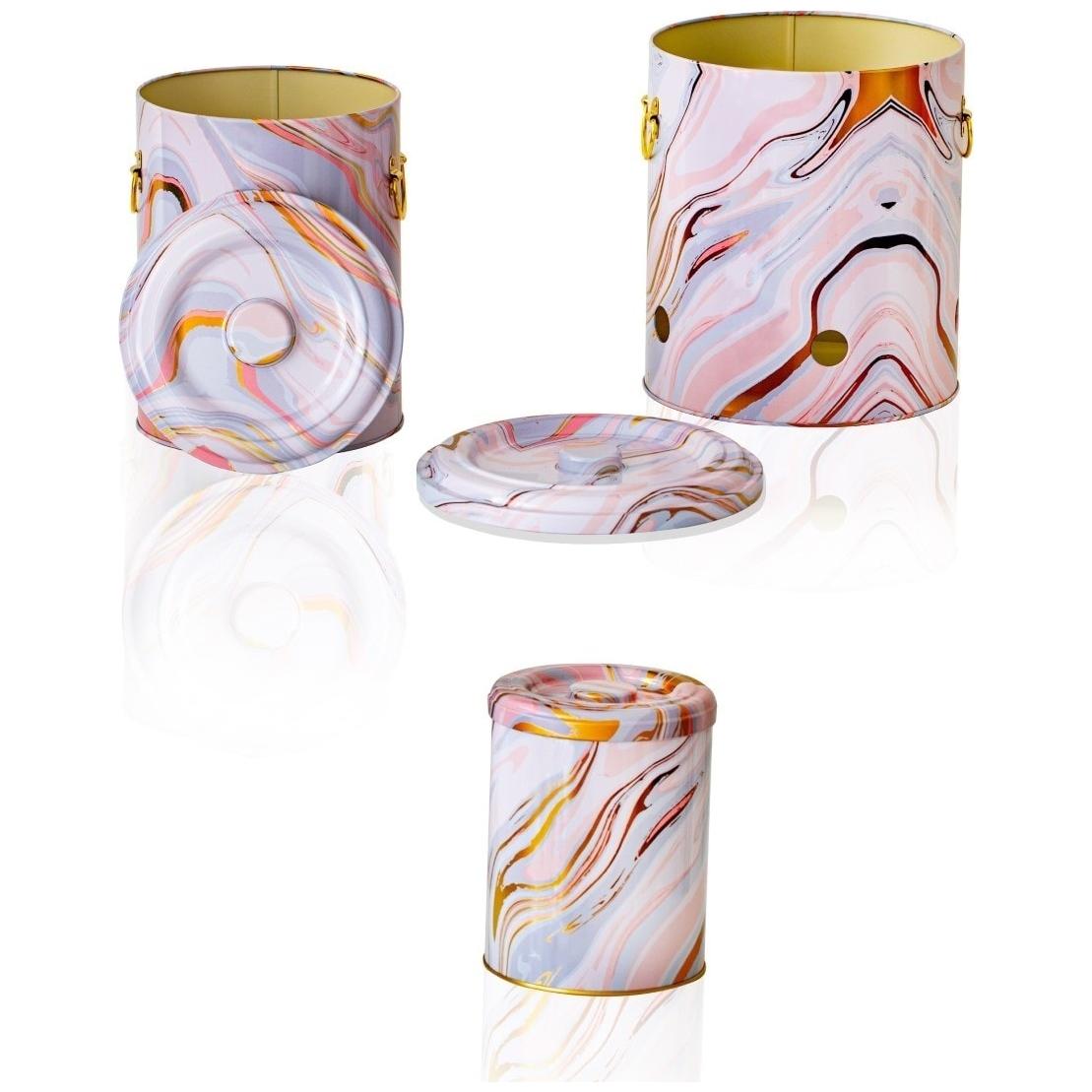 Triple Metal Bin Set for Potato Onion and Garlic (3 Pcs) Pink and Gold Marble Texture Liquid Pink Design