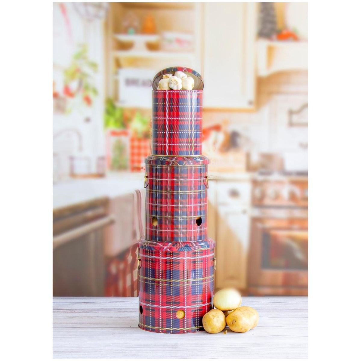 Triple Metal Bin Set for Potato Onion and Garlic  (3 Pcs)  Plaid Plaid Design