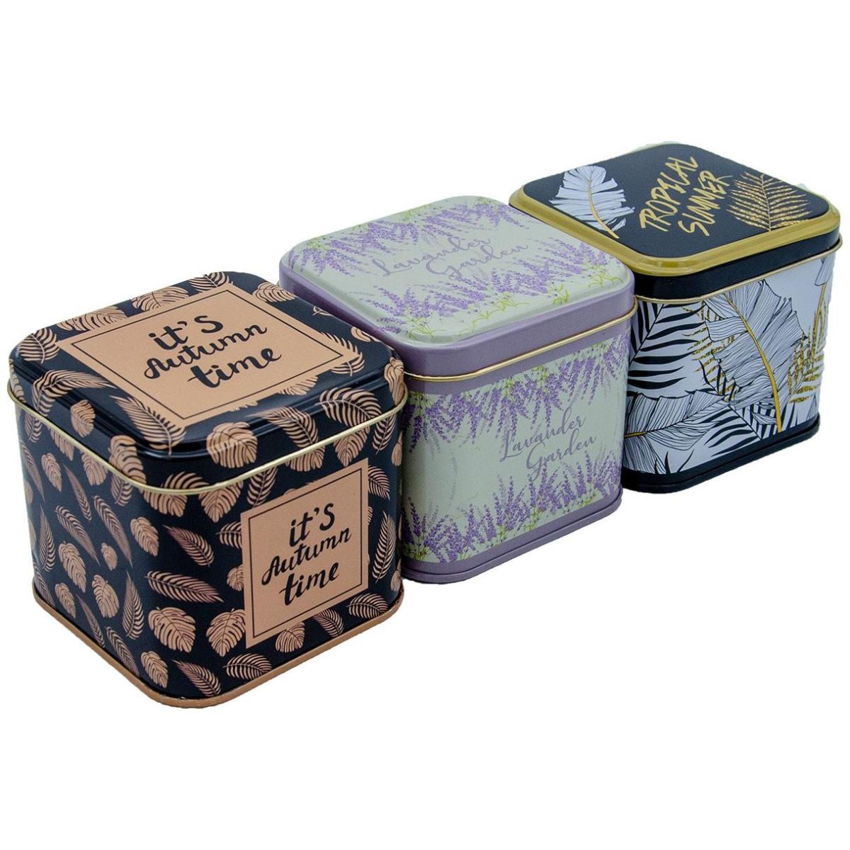 Square Tin Box Set 90x90x80 mm 0.6L (3 Pcs) Leaf pattern Sanabella Design