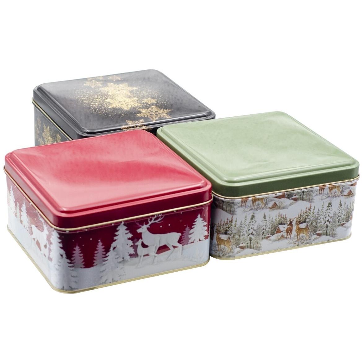 Square Tin Box Set 158x158x80 mm 2.4L (3 Pcs) New Year Design