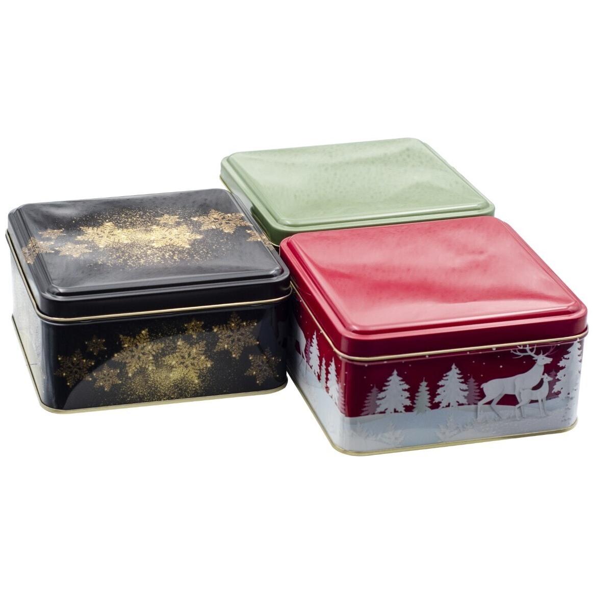 Square Tin Box Set 158x158x80 mm 2.4L (3 Pcs) New Year Design
