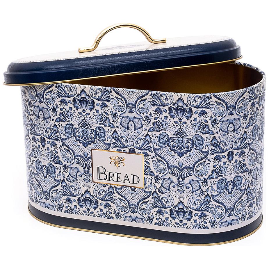 178 x 338 x 200 mm Metal Bread Box  Metal Handle 9.8L Azulejo-Inspired Blue &amp; White Decorative Pattern