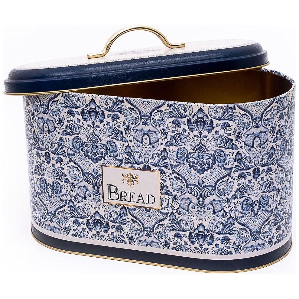 178 x 338 x 200 mm Metal Bread Box  Metal Handle 9.8L Azulejo-Inspired Blue &amp; White Decorative Pattern