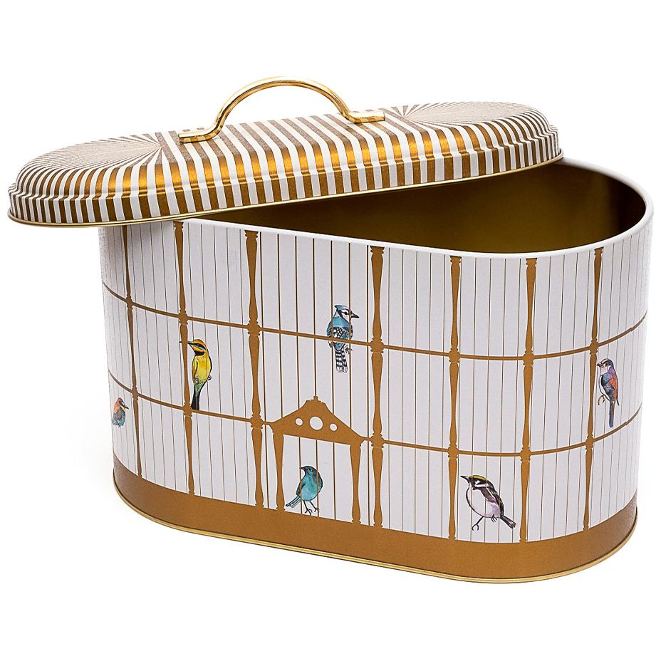178 x 338 x 200 mm Metal Bread Box  Metal Handle 9.8L Vintage Birdcage Illustration with Colorful Birds