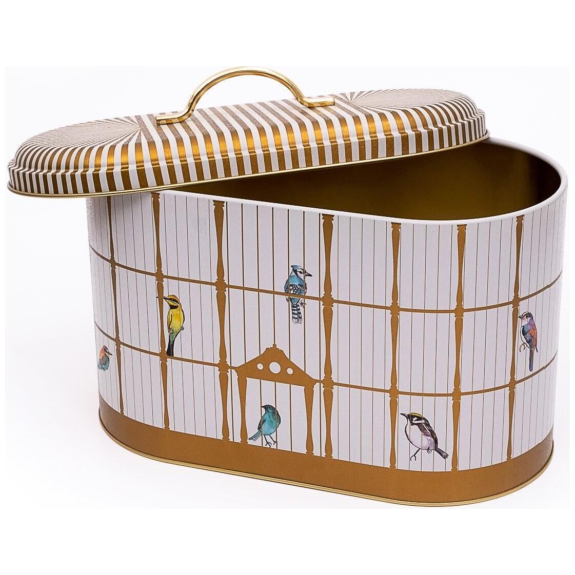178 x 338 x 200 mm Metal Bread Box  Metal Handle 9.8L Vintage Birdcage Illustration with Colorful Birds