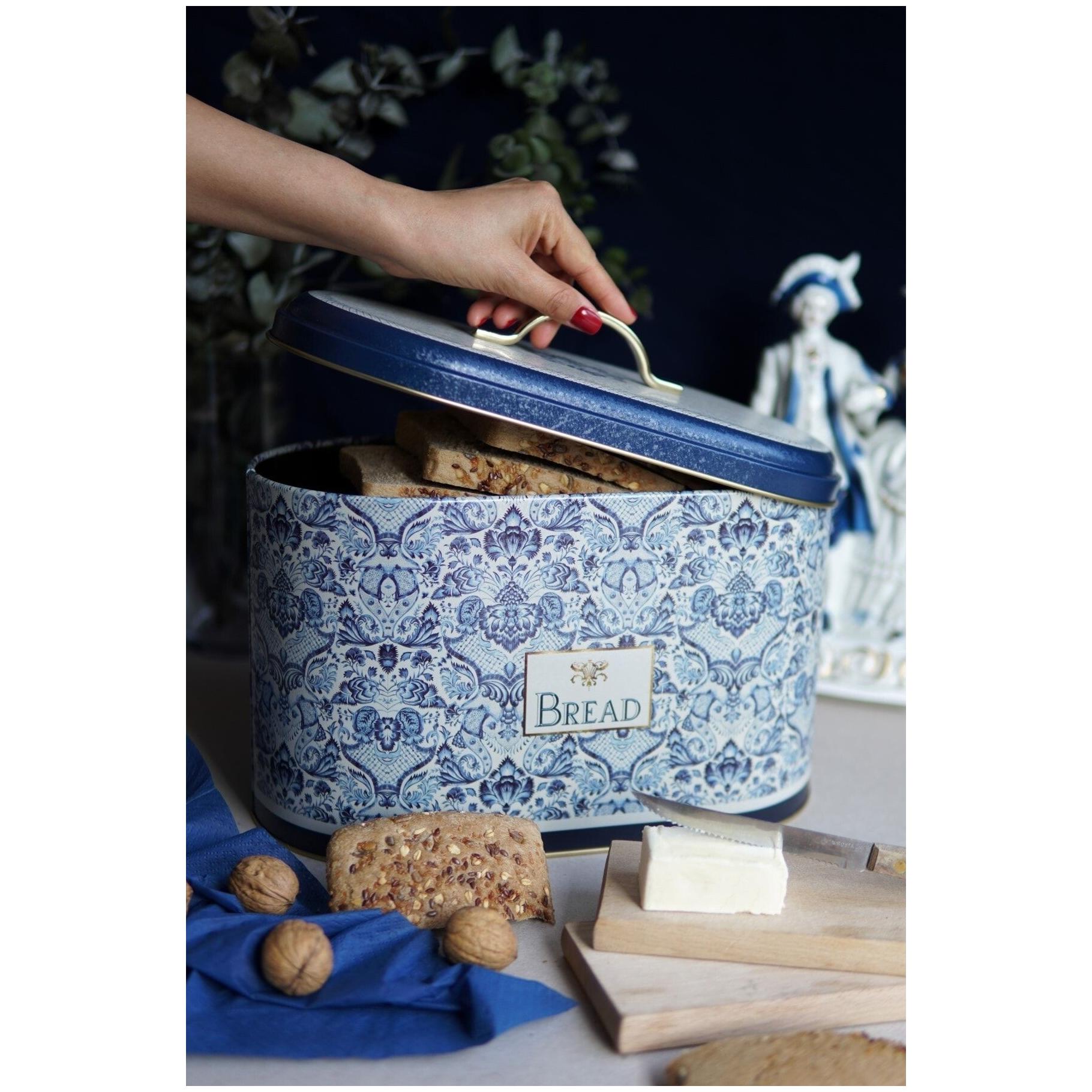178 x 338 x 200 mm Metal Bread Box  Metal Handle 9.8L Azulejo-Inspired Blue &amp; White Decorative Pattern