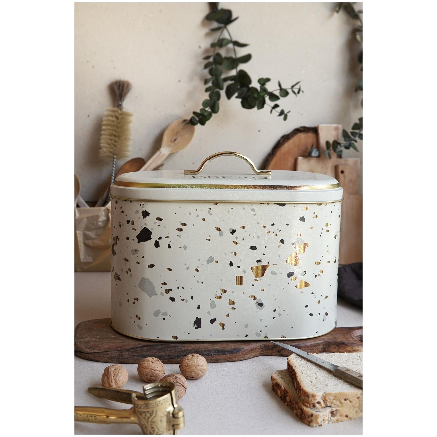 178 x 338 x 200 mm Metal Bread Box Metal Handle 9.8L Terrazzo Cream