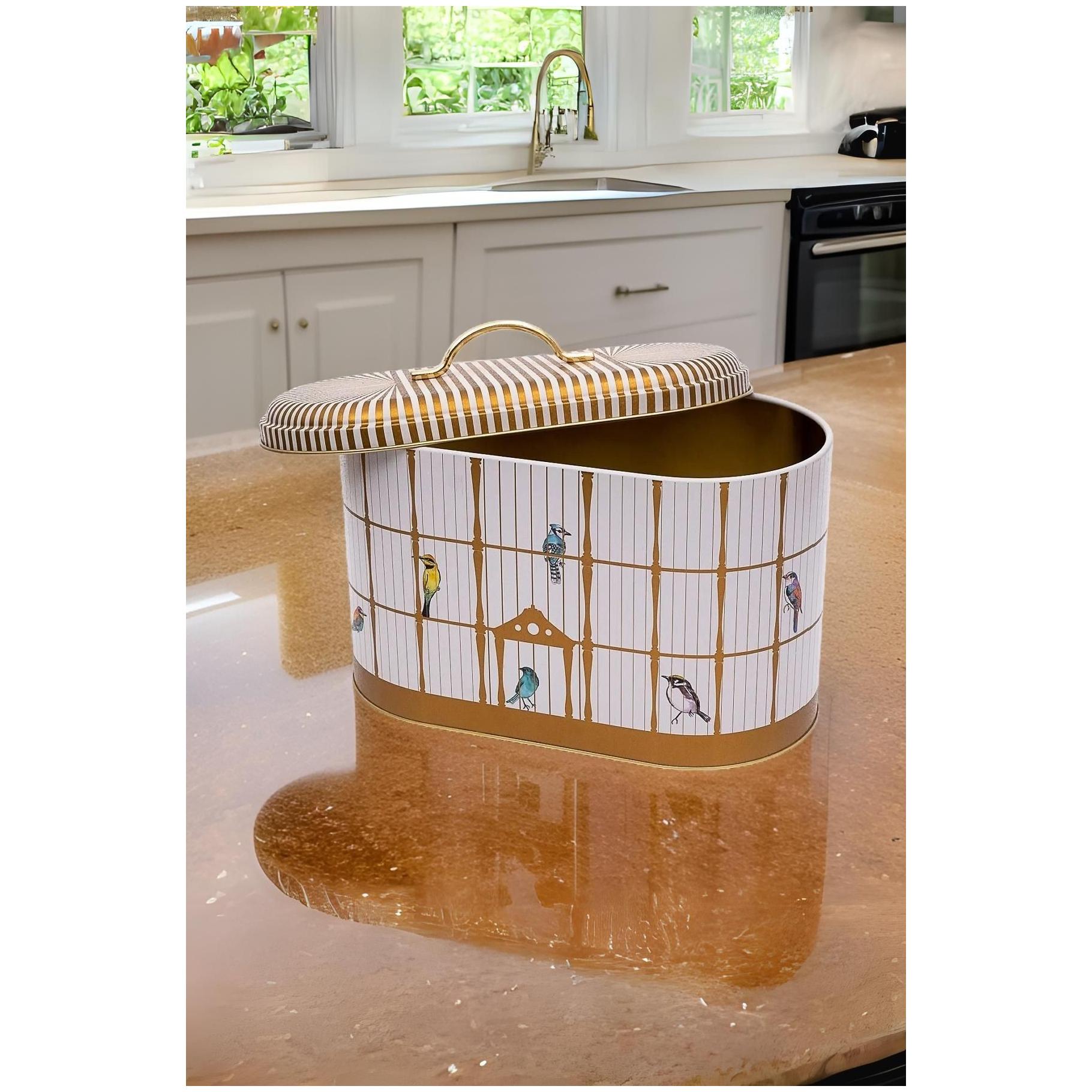 178 x 338 x 200 mm Metal Bread Box  Metal Handle 9.8L Vintage Birdcage Illustration with Colorful Birds