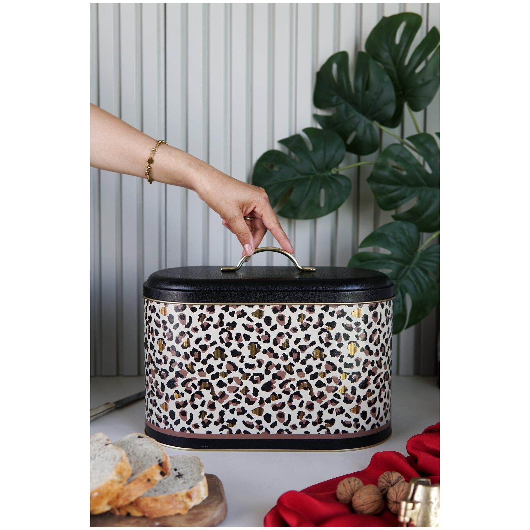 178 x 338 x 200 mm Metal Bread Box  Metal Handle 9.8L Gold Leopard Print Pattern