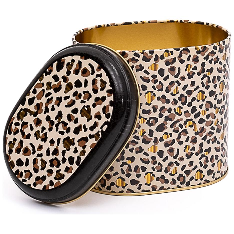 Oval Metal Tin – 140 x 120 x 130 mm (1.4L)  Gold Leopard Print Pattern
