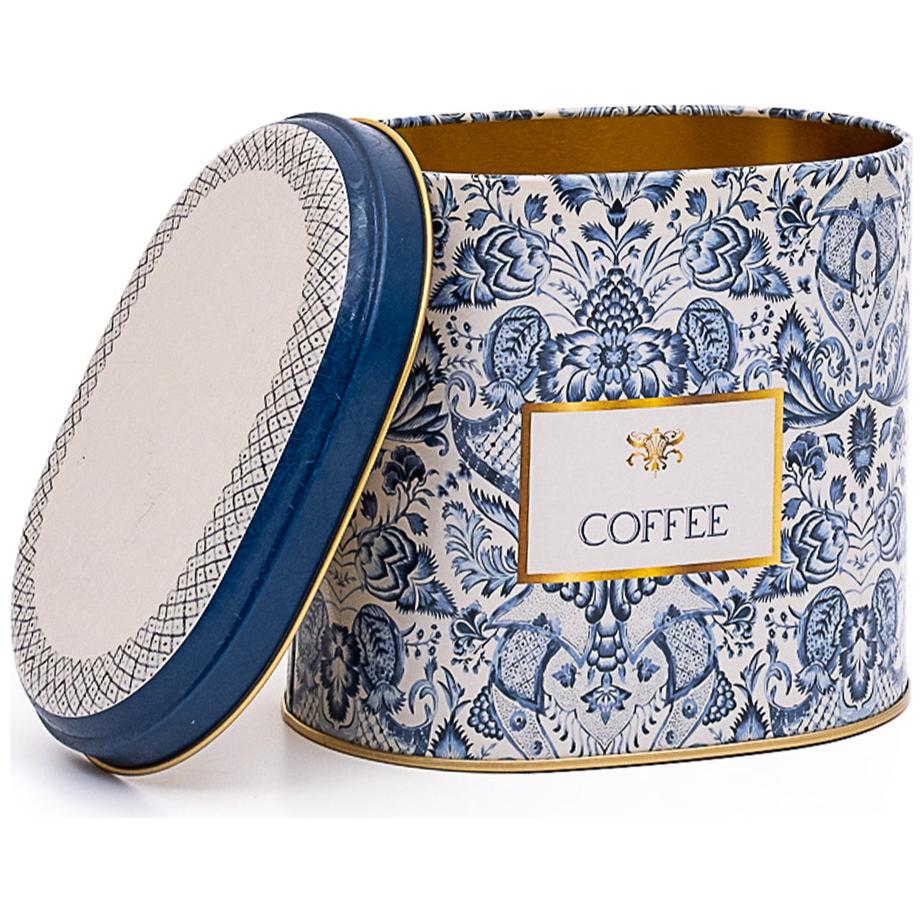 Oval Metal Tin – 140 x 120 x 130 mm (1.4L) Azulejo-Inspired Blue & White Decorative Pattern