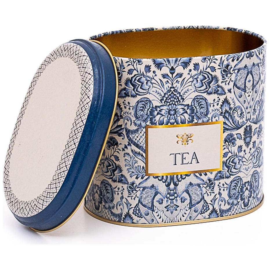 Oval Metal Tin – 140 x 120 x 130 mm (1.4L)  Azulejo-Inspired Blue &amp; White Decorative Pattern