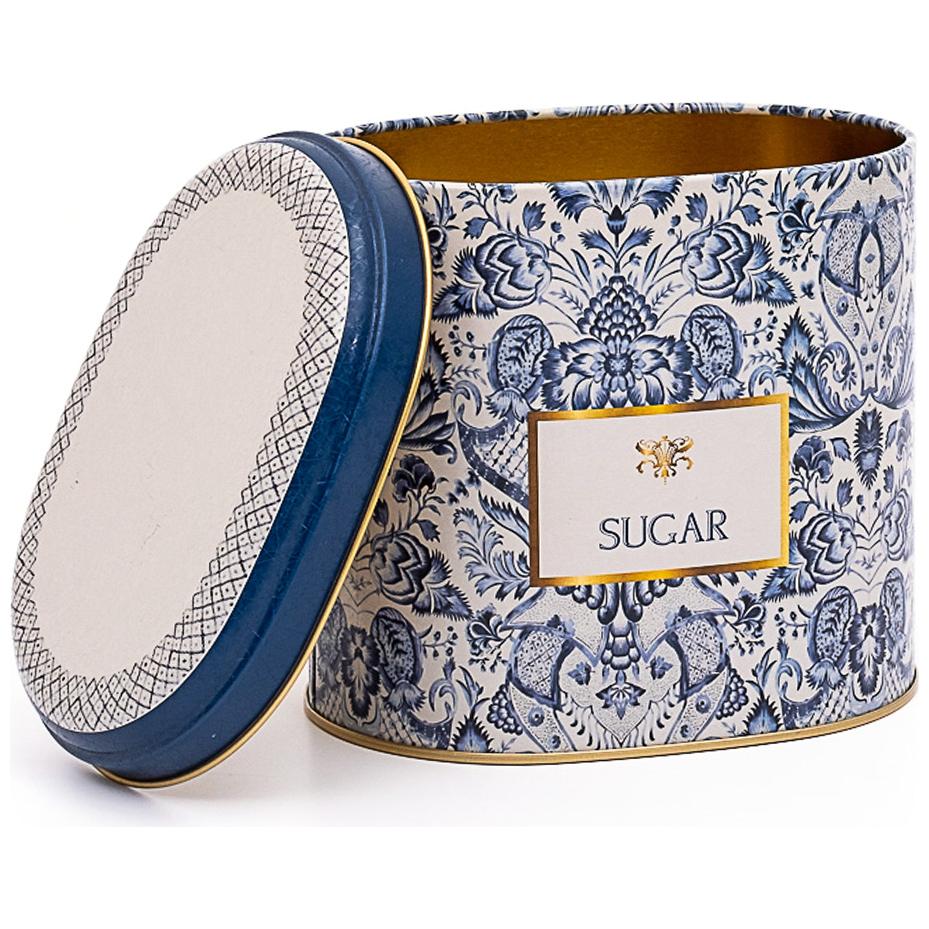 Oval Metal Tin – 140 x 120 x 130 mm (1.4L)  Azulejo-Inspired Blue &amp; White Decorative Pattern