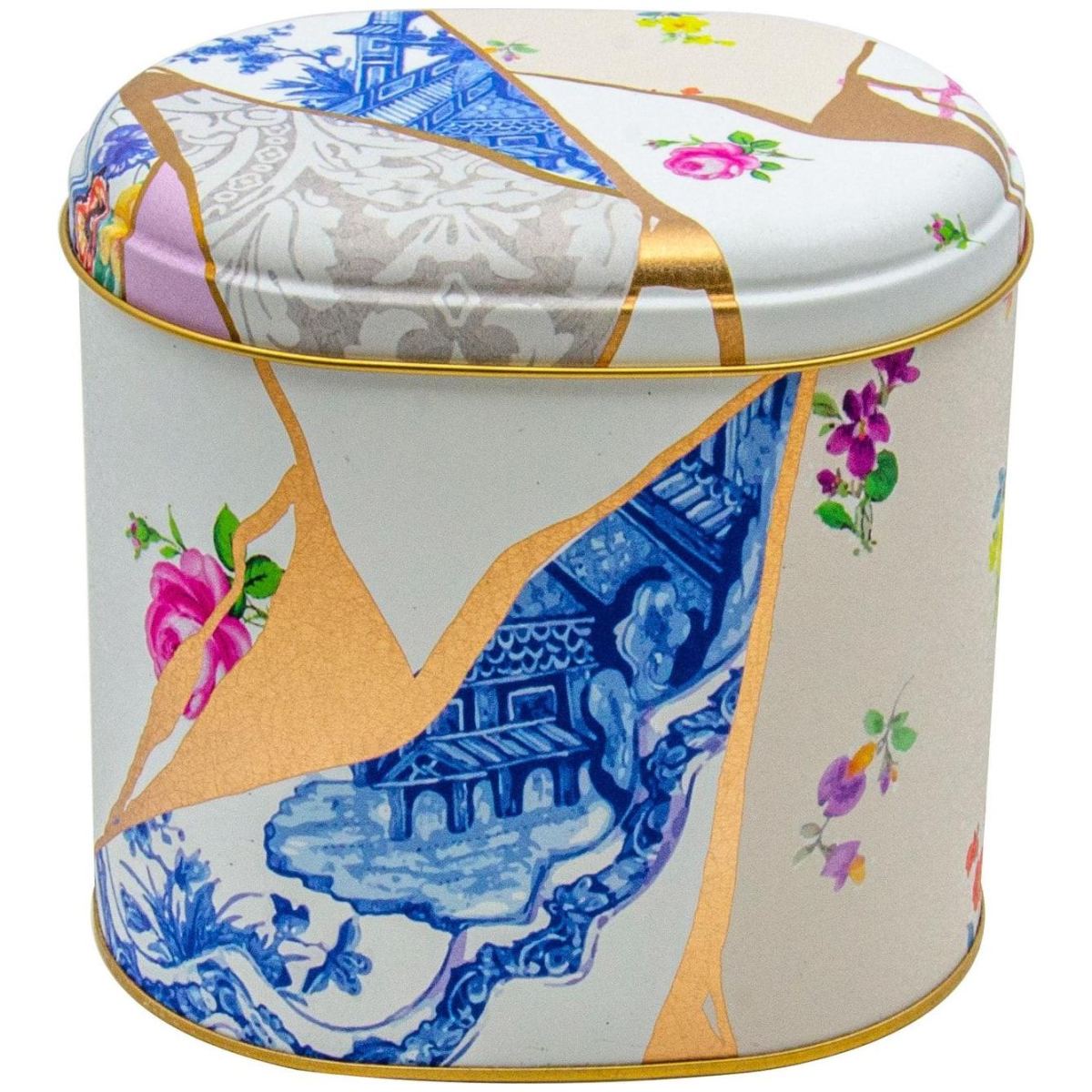 Oval Metal Tin – 140 x 120 x 130 mm (1.4L)  Kintsugi Gold vein Flower 