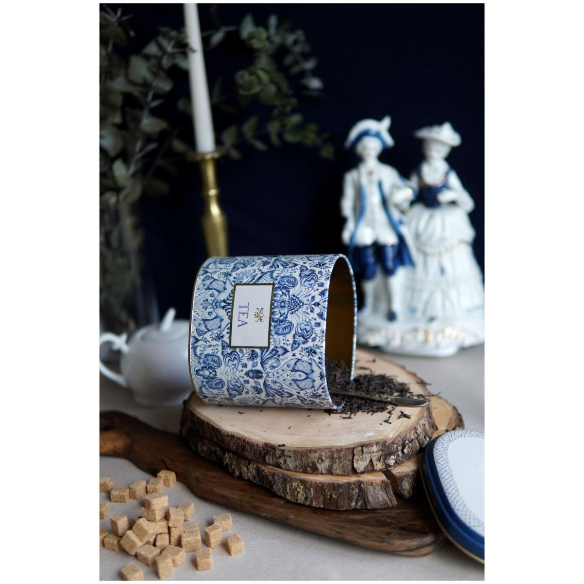 Oval Metal Tin – 140 x 120 x 130 mm (1.4L)  Azulejo-Inspired Blue &amp; White Decorative Pattern