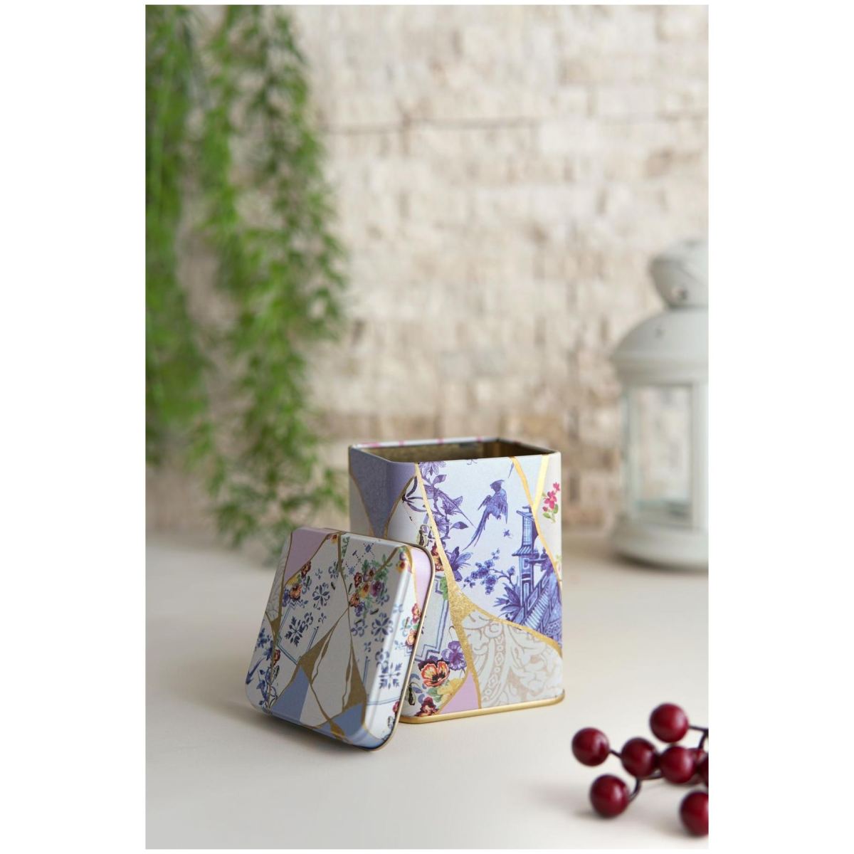 75x75x102 mm Square Metal Box 0.5L slip Lid Kintsugi Gold vein Flower