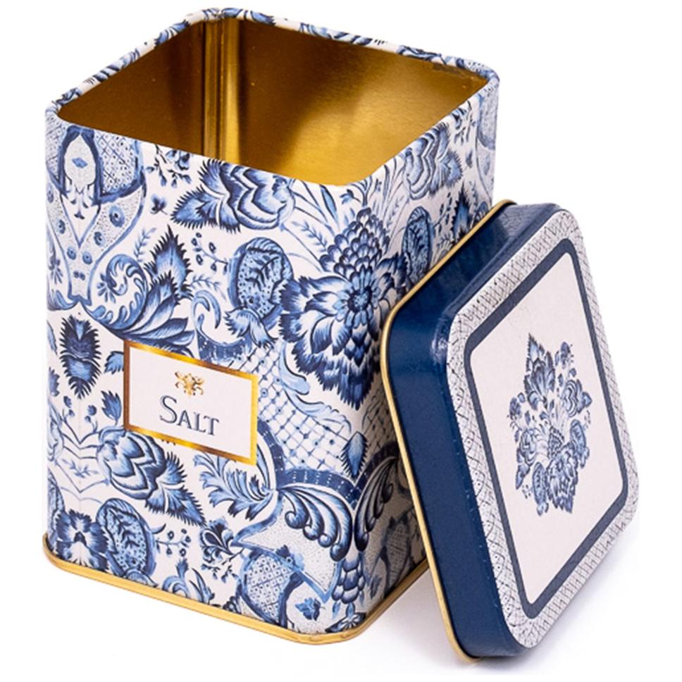 75x75x102 mm Square Metal Box 0.5L slip Lid Azulejo-Inspired Blue &amp; White Decorative Pattern