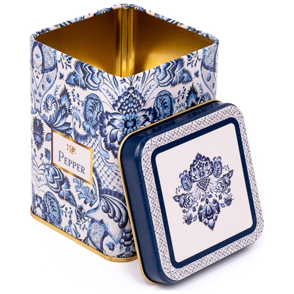 75x75x102 mm Square Metal Box 0.5L slip Lid Azulejo-Inspired Blue &amp; White Decorative Pattern
