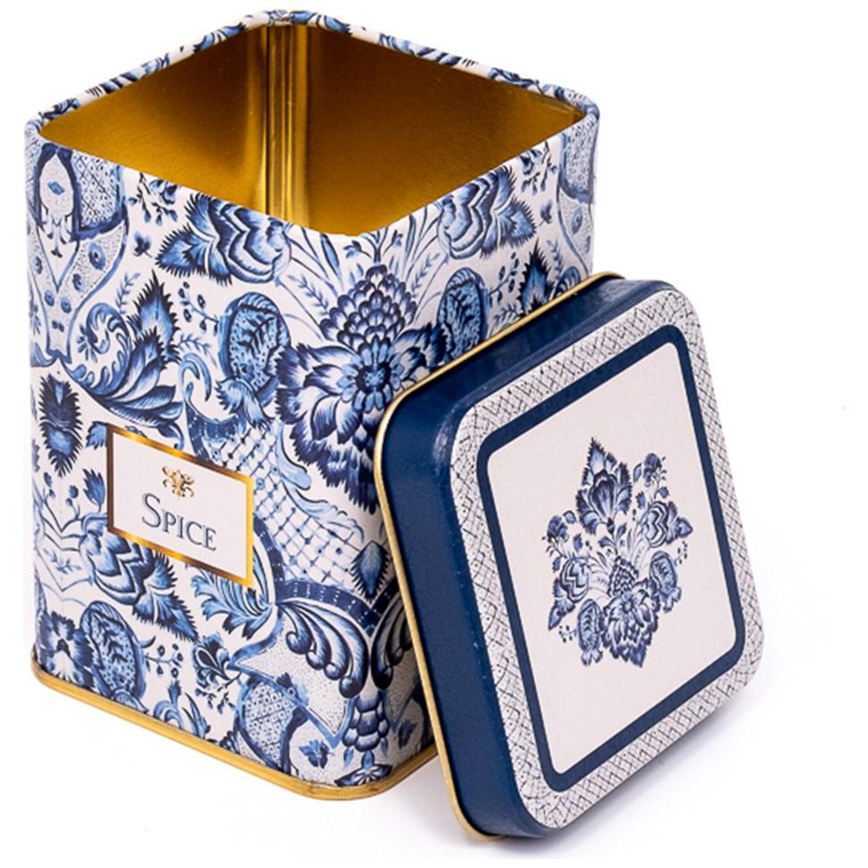 75x75x102 mm Square Metal Box 0.5L slip Lid Azulejo-Inspired Blue &amp; White Decorative Pattern
