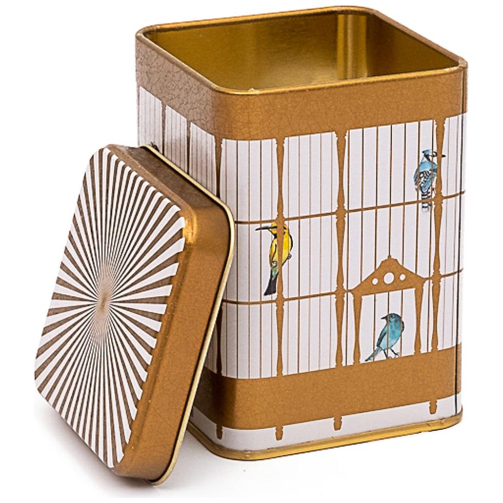 75x75x102 mm Square Metal Box 0.5L slip Lid Vintage Birdcage Illustration with Colorful Birds
