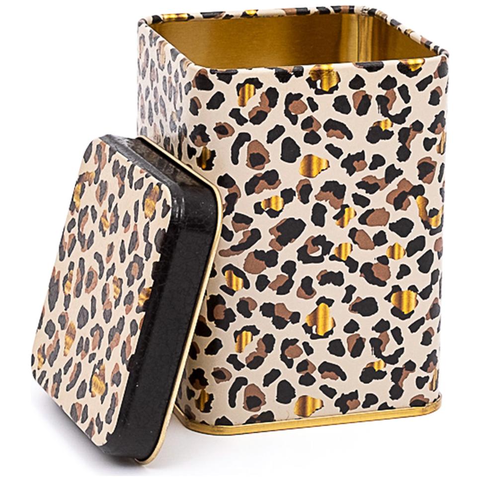 75x75x102 mm Square Metal Box 0.5L slip Lid Gold Leopard Print Pattern