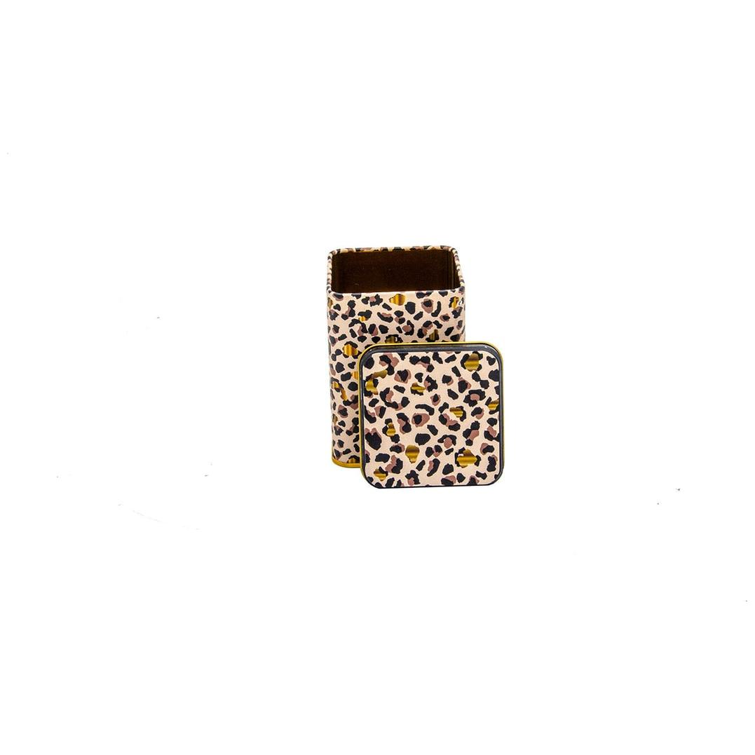 75x75x102 mm Square Metal Box 0.5L slip Lid Gold Leopard Print Pattern