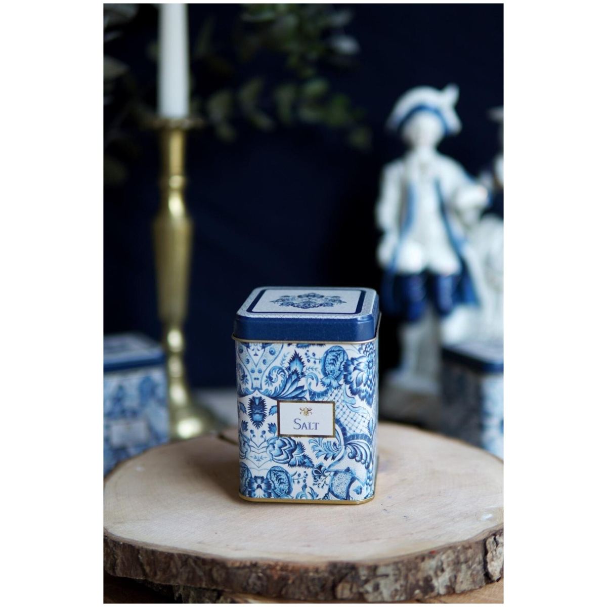 75x75x102 mm Square Metal Box 0.5L slip Lid Azulejo-Inspired Blue &amp; White Decorative Pattern