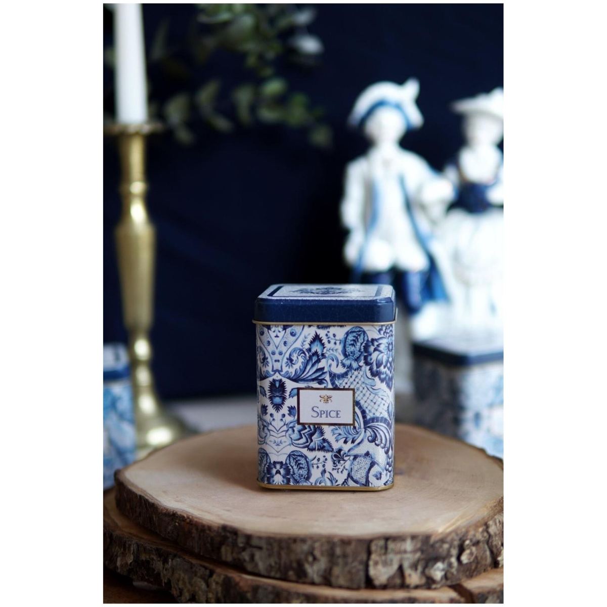 75x75x102 mm Square Metal Box 0.5L slip Lid Azulejo-Inspired Blue & White Decorative Pattern